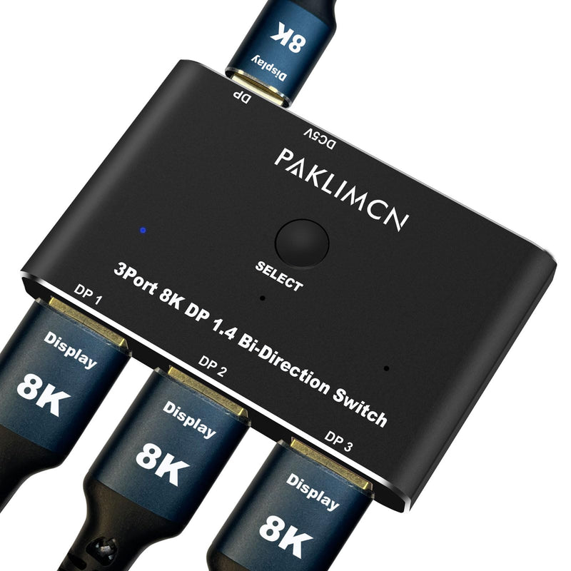DisplayPort Switch 8K60Hz Display Port 1.4 switcher Box DP 4K@144Hz Bi-Directional 3in1out Switcher, 1 in 3 Out for Switching Video Signals Between Two Screens for one Computer (3 in 1) 3 IN 1
