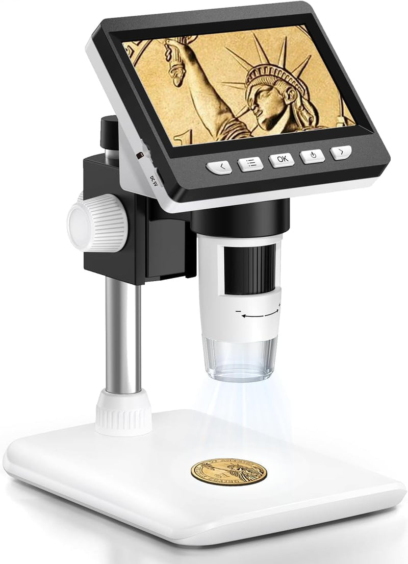 [AUSTRALIA] - Coin Microscope, 4.3 Inch Digital Microscope 1000X Coin Microscope for Error Coins with 8 Adjustable LED Lights, PC View Compatible with Windows & MacOS White 