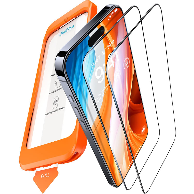 UltraGlass Top 9H+ Glass for iPhone 15 Pro Screen Protector [Military Grade Shatterproof & Longest Durable] Screen Protector 15 Pro Tempered Glass Full Coverage, 2 Packs 2-iPhone 15 Pro