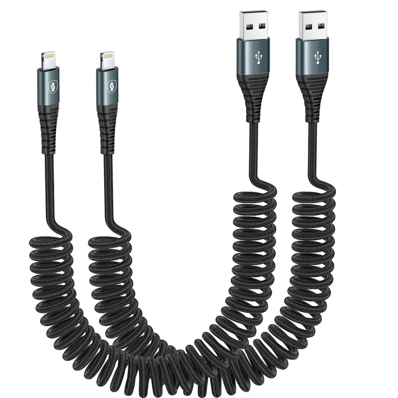 Coiled Lightning Cable 3ft Nylon Braided, iPhone Charger Fast Charging for Car [Apple MFi Certified], Compatible with iPhone14/13/12/11 Pro Max/XS MAX/XR/XS/X/8/7/Plus/6S iPad/iPod-2Pack 2Pack-3FT Grey