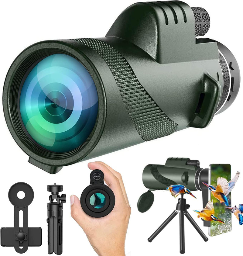 80x100 Monocular Telescope High Powered Monoculars for Adults Compact Monocular for Smartphone Adapter, Handheld Telescope with Tripod for Bird Watching Hunting Camping Travel Green-mm