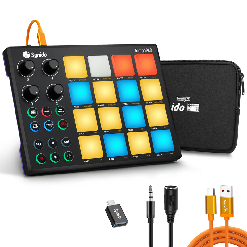 [AUSTRALIA] - Synido TempoPAD Midi Controller Beat Maker Machine for Music Production, Portable USB MIDI Beat Pad Controller for Beginners with Durable Carrying Bag, 16 Backlit Beat Pad, 4 Assignable Knob Black 16 MIDI 