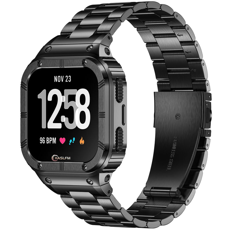 Metal Band Compatible with Fitbit Watch Versa 4/3/2/Lite Sense 2/1 | HASLFM Stainless Steel Strap with Case, Rugged Cover for Men. Black