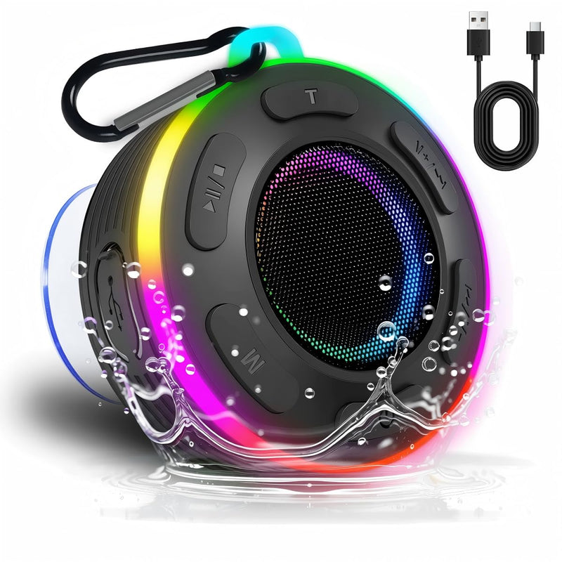 [AUSTRALIA] - Portable Bluetooth Speaker with vibrant led lights, IPX6 Waterproof, Loud Stereo Sound,Hands-Free Calling/Radio, for Shower, Beach, Outdoors, Over 10 H Playtime, Mini/Small, Suction Cup & Hook 