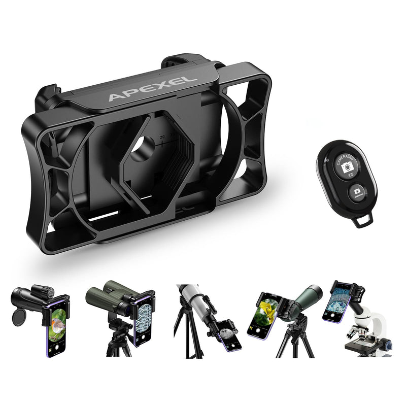 [AUSTRALIA] - APEXEL Telescope Phone Adapter, Binocular Photo Adapter for Android & iPhone, Phone Holder Mount for Telescope, Monocular, Binocular, Microscope, Spotting Scope. (Including Bluetooth Shutter Remote) With Shutter Remote 