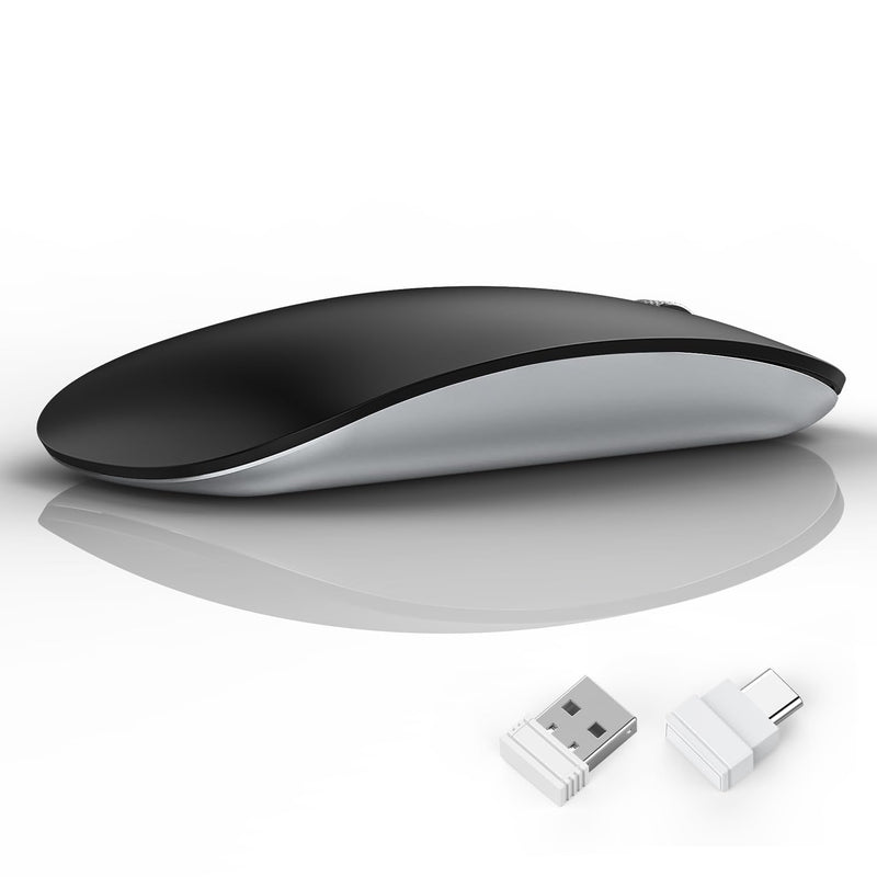 Uiosmuph Wireless Mouse, USB C Rechargeable Computer Mouse, Slim Silent Mice 2.4GHz Optical with USB Nano Receiver and Type C Receiver for Laptop/Mac/PC Matte Black