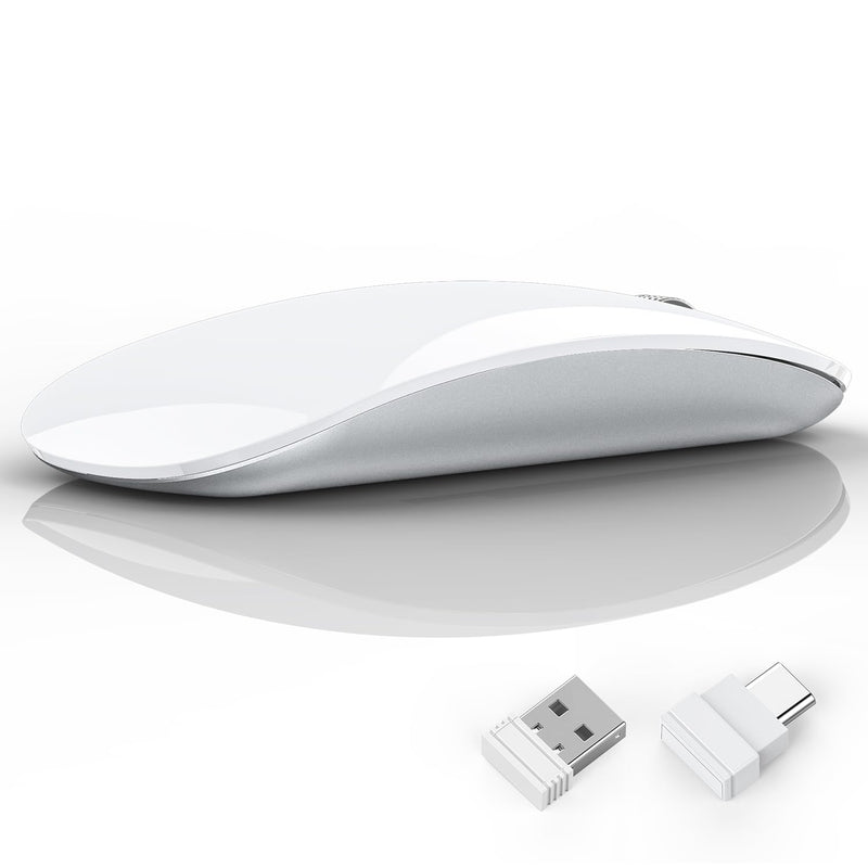 Uiosmuph Wireless Mouse, USB C Rechargeable Computer Mouse, Slim Silent Mice 2.4GHz Optical with USB Nano Receiver and Type C Receiver for Laptop/Mac/PC White