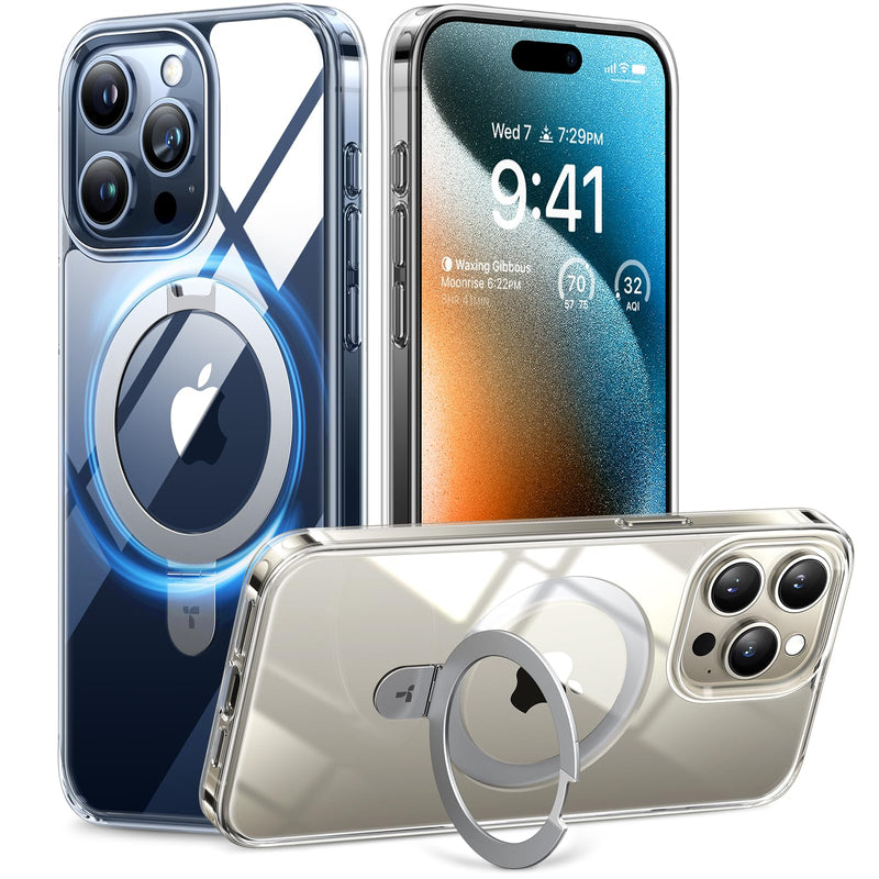TORRAS Magnetic Ostand for iPhone 15 Pro Max Case, [Military Grade Drop Tested][Compatible with MagSafe][Build in Kickstand] Clear Slim Hard Back Soft Edge Anti-Fingerprint, Clear Crystal Clear