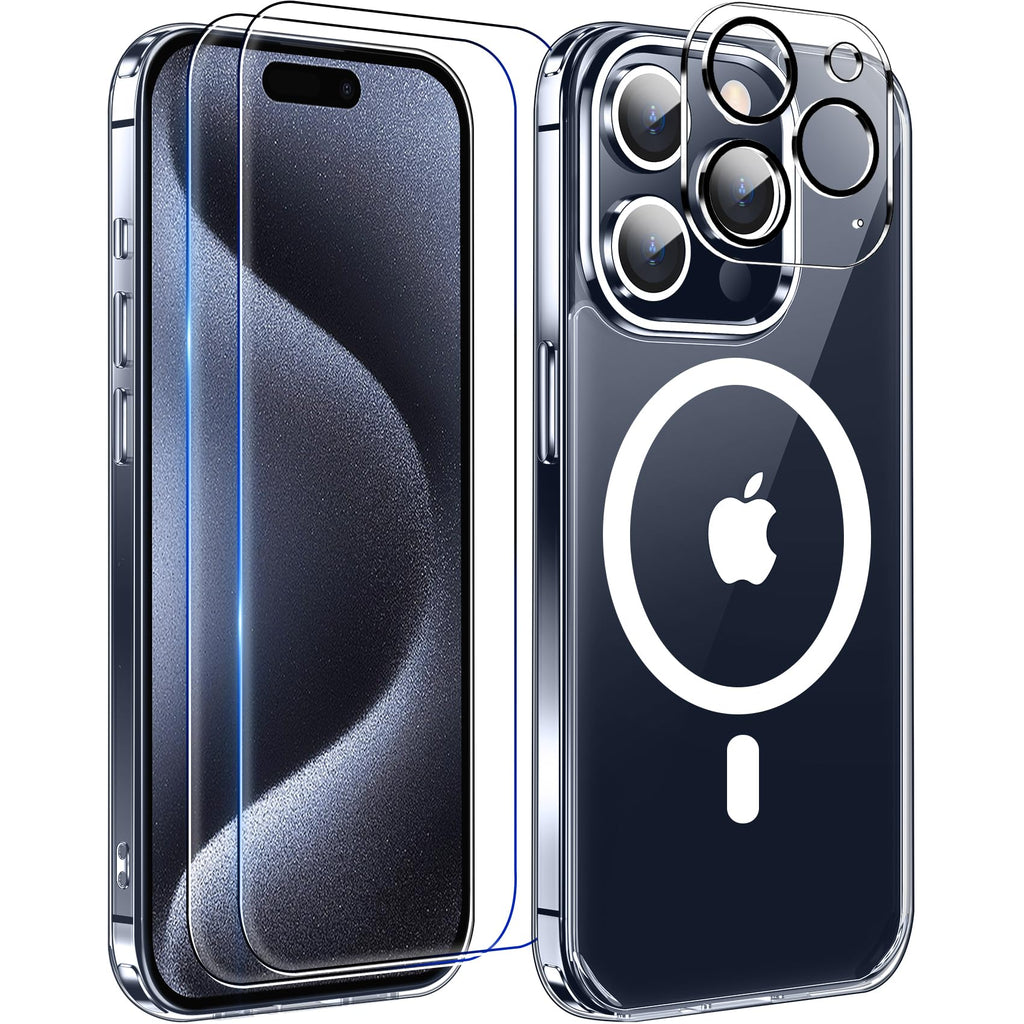 MOZOTER 6-in-1 Magnetic for iPhone 15 Pro Case,[Compatible with Magsafe] [Anti Yellowing][Glass Screen Protector & Camera Lens Protector] Slim Thin Shockproof Case for 15 Pro 6.1 inch,Clear For iPhone 15 Pro-6.1" Clear