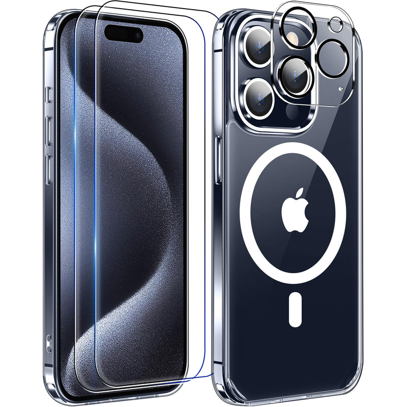 MOZOTER 6-in-1 Magnetic for iPhone 15 Pro Case,[Compatible with Magsafe] [Anti Yellowing][Glass Screen Protector & Camera Lens Protector] Slim Thin Shockproof Case for 15 Pro 6.1 inch,Clear For iPhone 15 Pro-6.1" Clear