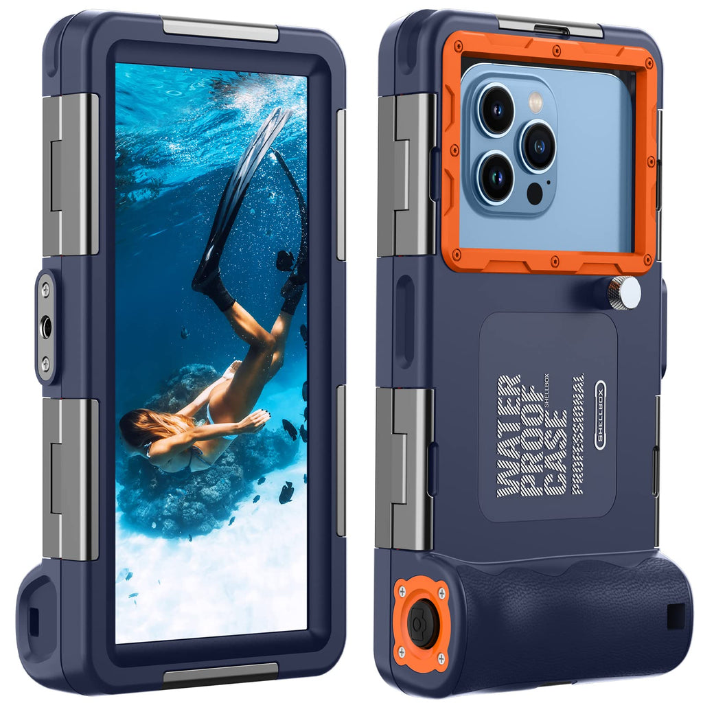 Lanhiem Universal Underwater Phone Case for Snorkeling, IP68 Professional Diving Waterproof Outdoor Cellphone Case with Lanyard for iPhone Galaxy Huawei Moto All Series (Blue/Orange) Blue