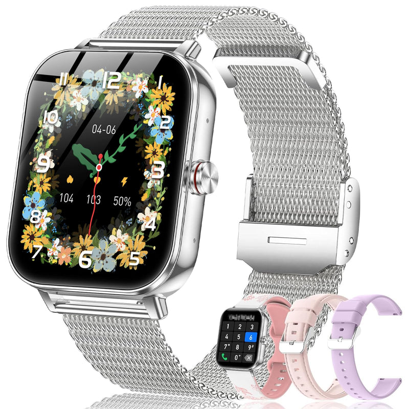 Smart Watch for Women with Bluetooth Call, 1.85'' Waterproof Smartwatches with 100+ Sport Modes Pedometer Heart Rate/SpO2/Sleep Monitor, Fitness Activity Trackers for iPhone Android, Silver