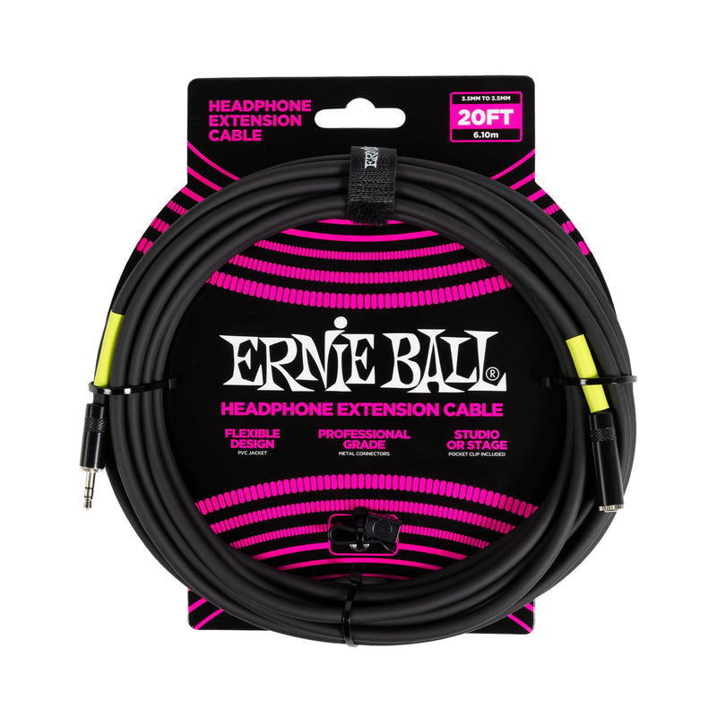 Ernie Ball Headphone Extension Cable 3.5mm to 3.5mm 20ft - Black 20 feet