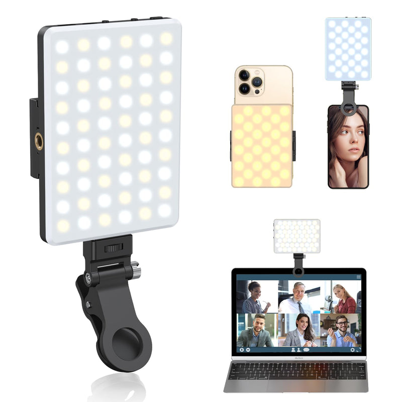 Selfie Light, Phone Light with Front & Back Clip, 60 LED Portable Light with 3 Light Modes, 5000mAh Rechargeable Video Light for Phone, iPhone, IPad, Laptop, TikTok, Makeup, Live Stream, Vlog Black