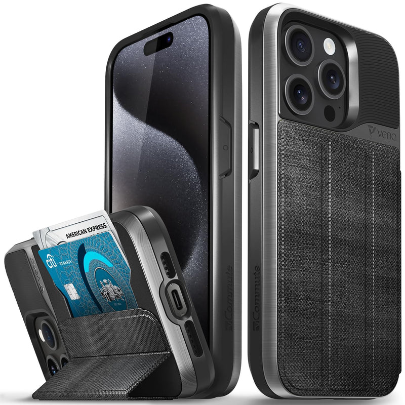 VENA vCommute Wallet Case Compatible with Apple iPhone 15 Pro (6.1"), (Military Grade Drop Protection) Flip Leather Cover Card Slot Holder with Kickstand - Space Gray/Slate Black Space Gray / Slate Black