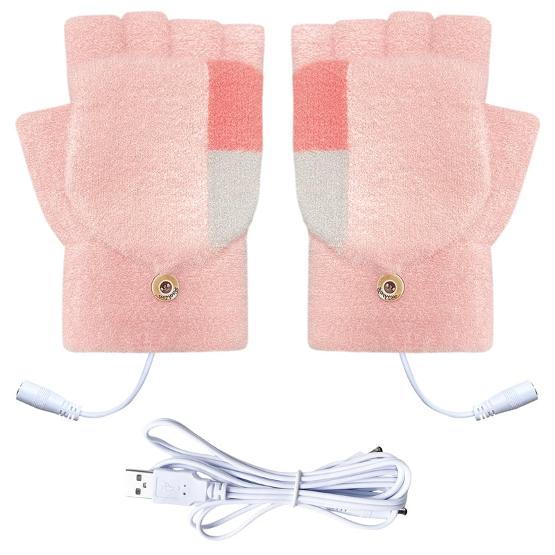 Women's & Men's USB Heated Gloves Mitten Full & Half Fingerless Winter Hands Warmer Laptop Gloves Colorful Pink