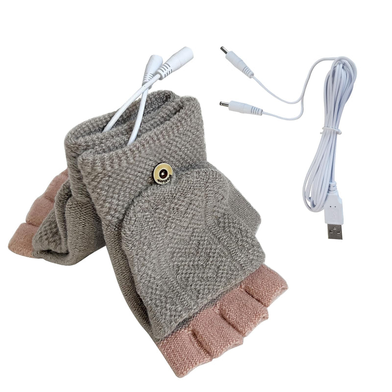 Women's & Men's USB Heated Gloves Mitten Full & Half Fingerless Winter Hands Warmer Laptop Gloves Grey Pink