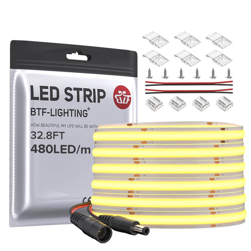 [AUSTRALIA] - BTF-LIGHTING FCOB COB LED Strip Flexible High Density Uniform Light 9W/m 32.8FT DC24V Warm White 3000K 480LED/m CRI 90+ 8mm Width for Home Indoor Decor(No Adapter or Controller) DC24V 32.8FT IP30 