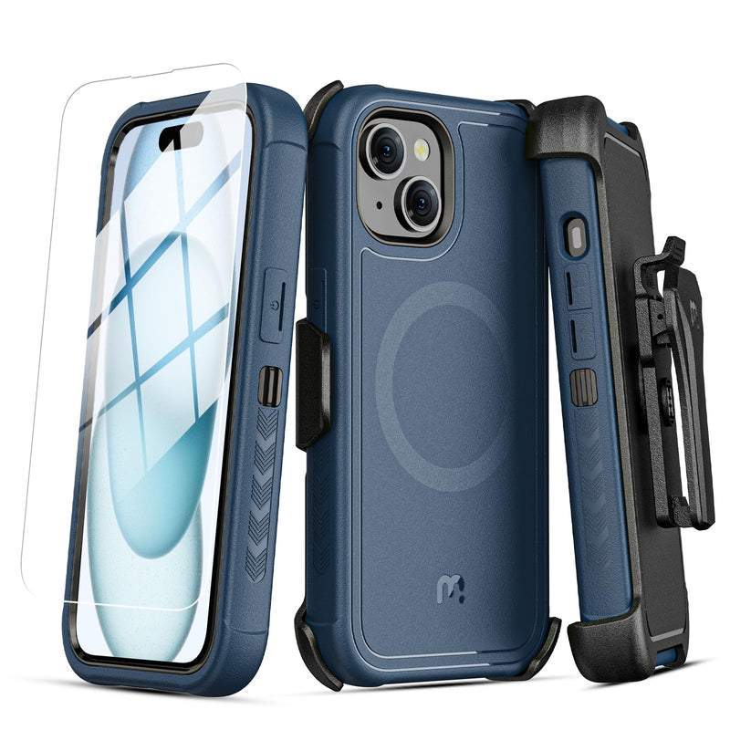 M MYBAT PRO Maverick Series iPhone 15 Case with Belt Clip Holster,[Compatible with Magsafe] w/Screen Protector,Anti-Drop,Shockproof,with 360°Rotating Kickstand,Heavy Duty Protection Blue