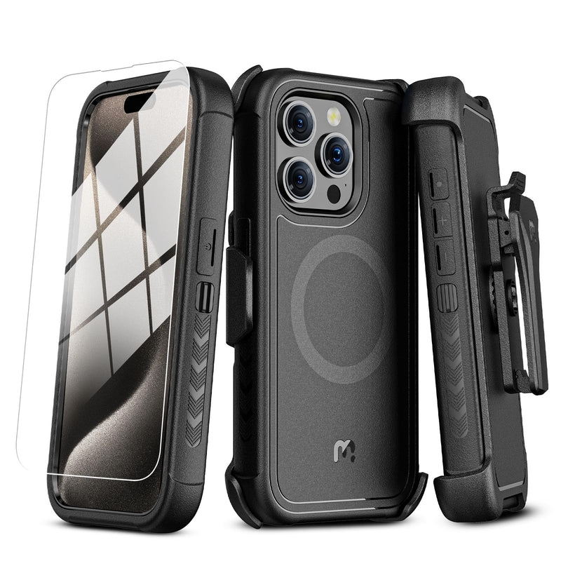 M MYBAT PRO Maverick Series for iPhone 15 Pro Max Case with Belt Clip Holster,[Compatible with Magsafe] w/Screen Protector,Anti-Drop,Shockproof,with 360°Rotating Kickstand,Heavy Duty Protection Black