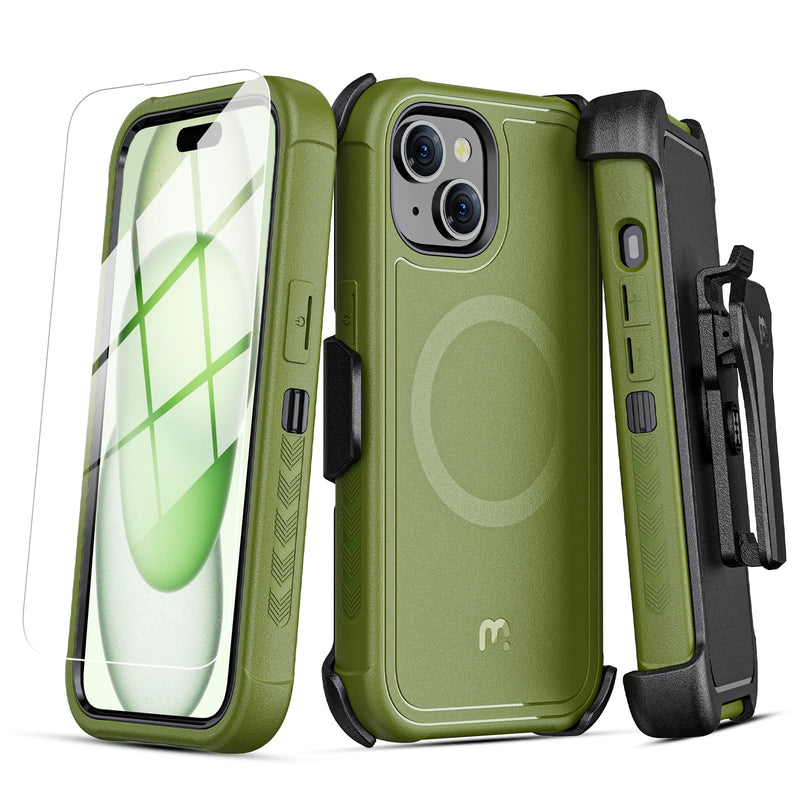 MYBAT PRO Maverick Series iPhone 15 Plus Case – Heavy‑Duty Military Drop Protection, MagSafe Compatible, Built‑in Screen Protector, Removable 360° Belt‑Clip Kickstand, Anti‑Fingerprint Grip iPhone 15 Plus Army Green