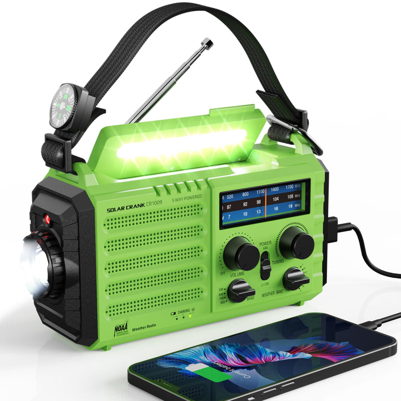 Weather Radio Raynic Solar Hand Crank Emergency Radio 5 Ways Powered AM/FM/SW/NOAA Weather Alert Portable Radio with Flashlight, Reading Lamp (Green) Green