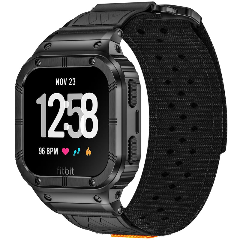 MioHHR Nylon Bands with Stainless Steel Case for Fitbit Versa 4 3 2 1 Lite | Breathable Adjustable Strap and Metal Protective Cover Compatible with Fitbit Sense 2 1 for Men 6.1"-8.9",Durability Black Large-（6.7''-8.9''）