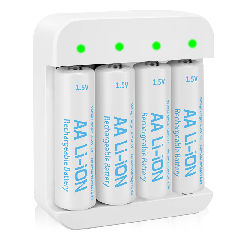 4 Pack Rechargeable 1.5V Lithium AA Batteries with Charger (4-Bay Independent Slot), Long Lasting Double A Size Battery 3600mWh for Blink Camera AA 4 Pack+Charger