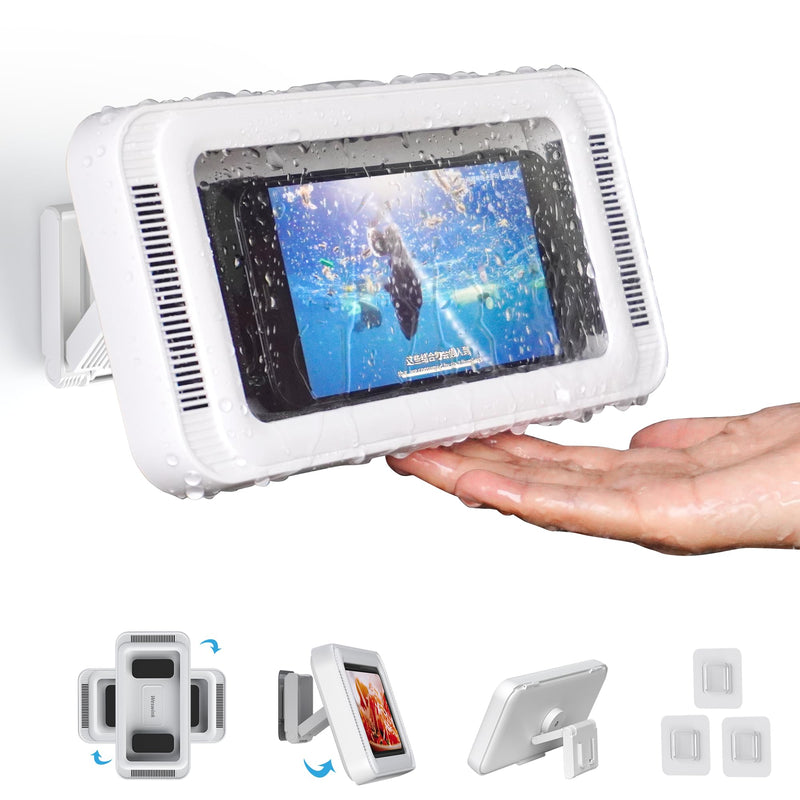 Waterproof Shower Phone Holder with 480° Rotation and Angle Adjustable, Enhanced Sound Quality, Fits Phones up to 7 Inches（White） White