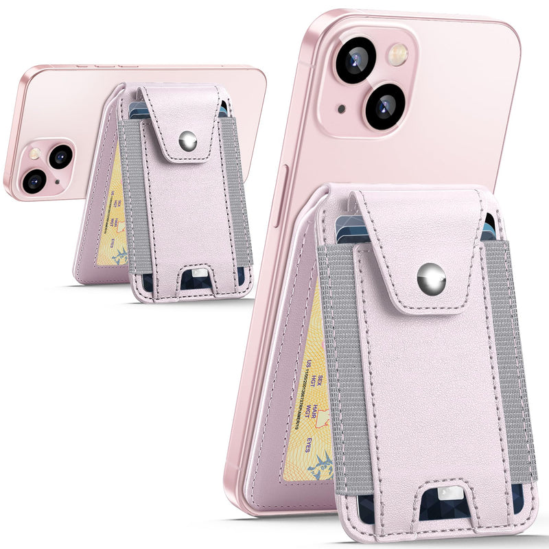 HiWe for Magsafe Wallet Stand - Magnetic Card Holder for iPhone 15/14/13/12 Series, ID Window, 3 Card Slots, Fit 8 Cards, RFID Blocking, Vegan Leather, Pink