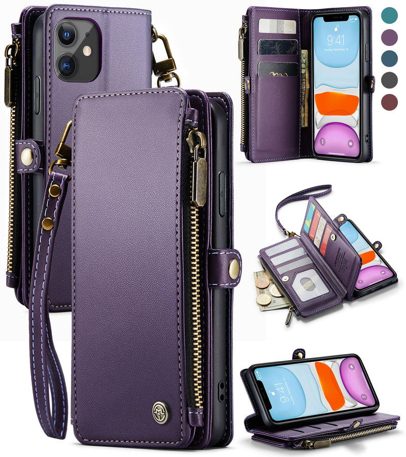 Defencase for iPhone 11 Case, RFID Blocking for iPhone 11 Wallet Case for Women and Men with Card Holder, Zipper Pocket Magnetic Flip PU Leather Protective Cover for iPhone 11 Phone Case 6.1, Purple Elegant Purple