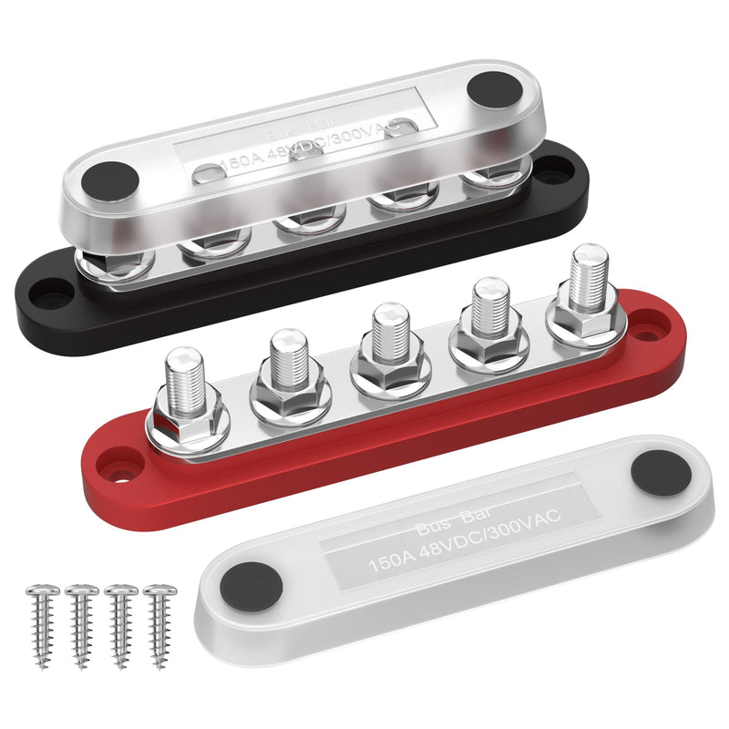 DaierTek Power Distribution Block with Cover Mini 5 x 1/4" Studs Bus Bar Terminal Block Max 150A 48V DC 300V AC Positive & Negative for Automotive Car Marine 5M6