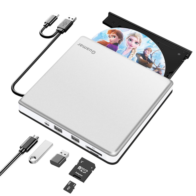 [AUSTRALIA] - Guamar External CD Drive for Mac: Portable DVD Burner Player for Laptop PC Windows 11 with SD/TF Slot 2 USB Ports - USB-C Superdrive for Apple MacBook Plug & Play (Silver) White 