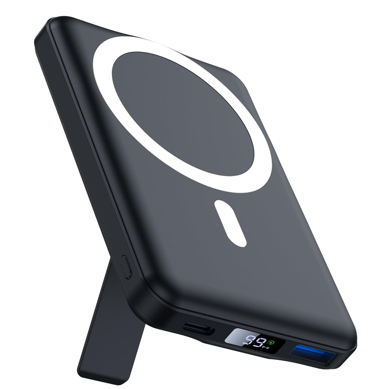 AOGUERBE for Magsafe Battery Pack, 10000mAh Magnetic Power Bank with (22.5W) USB-C Fast Charging, Wireless Mag-Safe Portable Charger with LED Display & Foldable Stand for iPhone 16/15/14/13/12 Series Black