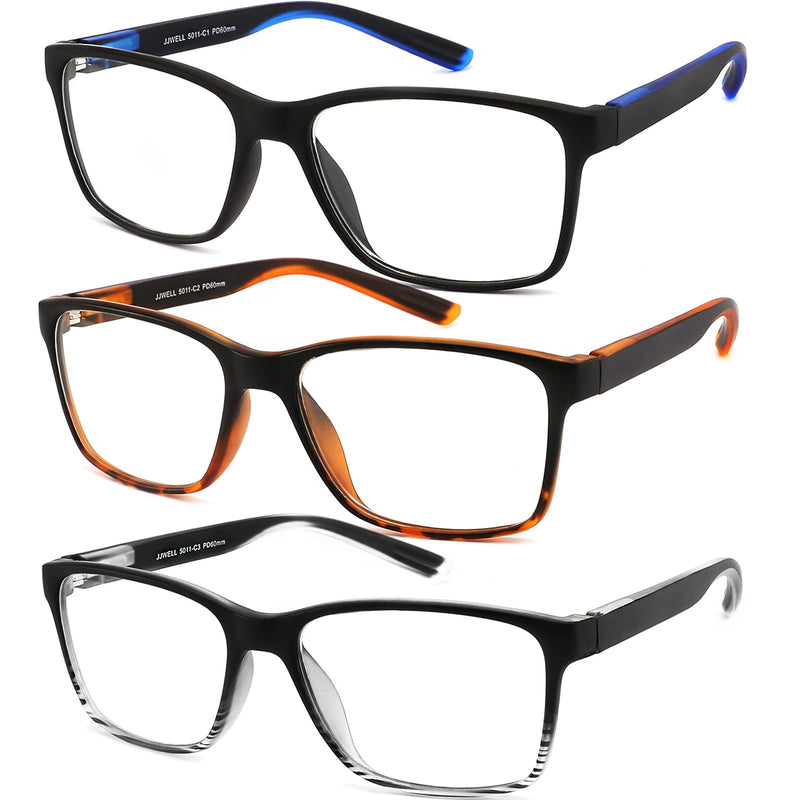JJWELL 3 Pack Reading Glasses for Men Blue Light Blocking with Spring Hinge, Anti Eyestrain/Dryness/UV Large Wide Square Readers for Men, Two Tone Computer Reader Glasses Eyeglass(1.5 Strength) 3 Mixed Color(blue White Orange) 1.5x