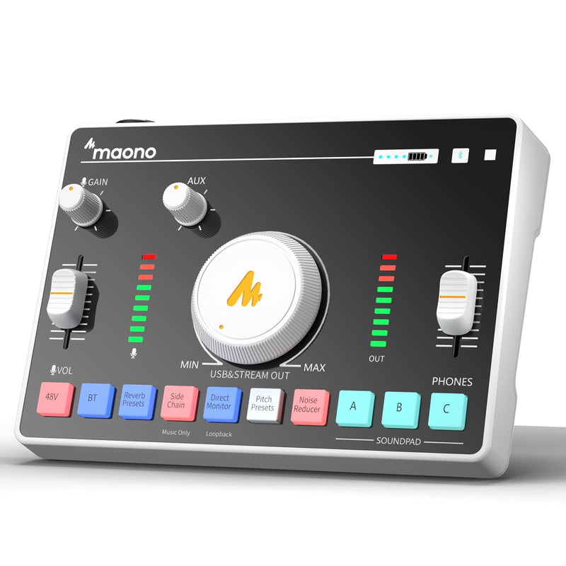 MAONO Streaming Audio Mixer, Audio Interface with Pro-preamp, Bluetooth, Built-in Battery, Noise Cancellation, 48V Phantom Power for Live Streaming, Podcasting, Gaming MaonoCaster AMC2 NEO White