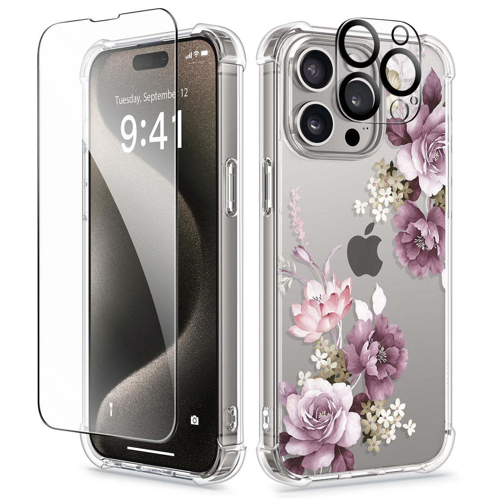 GVIEWIN for iPhone 15 Pro Case Floral, with Screen Protector+Camera Lens Protector, [Not Yellowing]Slim Shockproof Clear Phone Protective Cover for Women, Flower Pattern Design(Cherry Blossoms/Purple) A Cherry Blossoms/Purple
