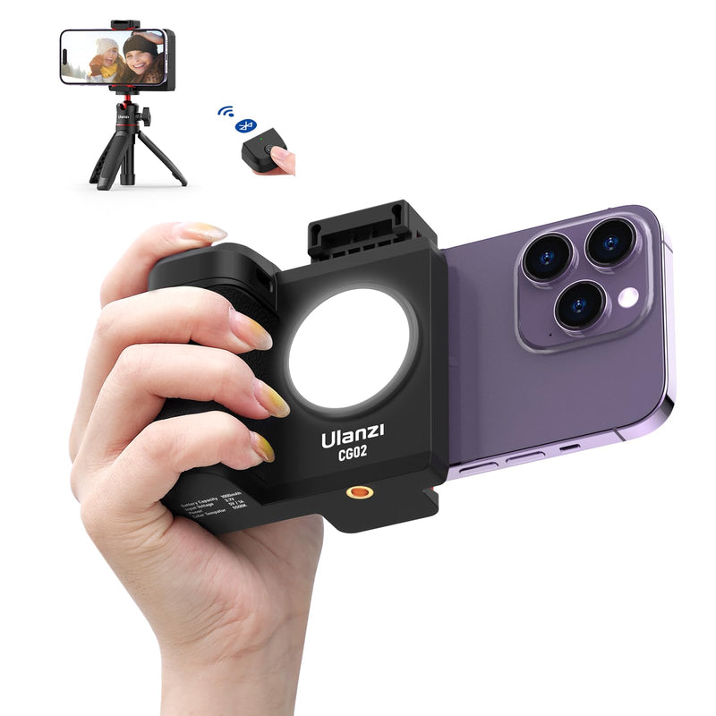 CG-02 Grip Holder for Smartphone Upgraded Phone Camera Grip w Remote Shutter Handheld Tripod Mount Fill Light Handheld Photography Accessories Compatible with iPhone 17 16 15 14 Pro Max etc CG02