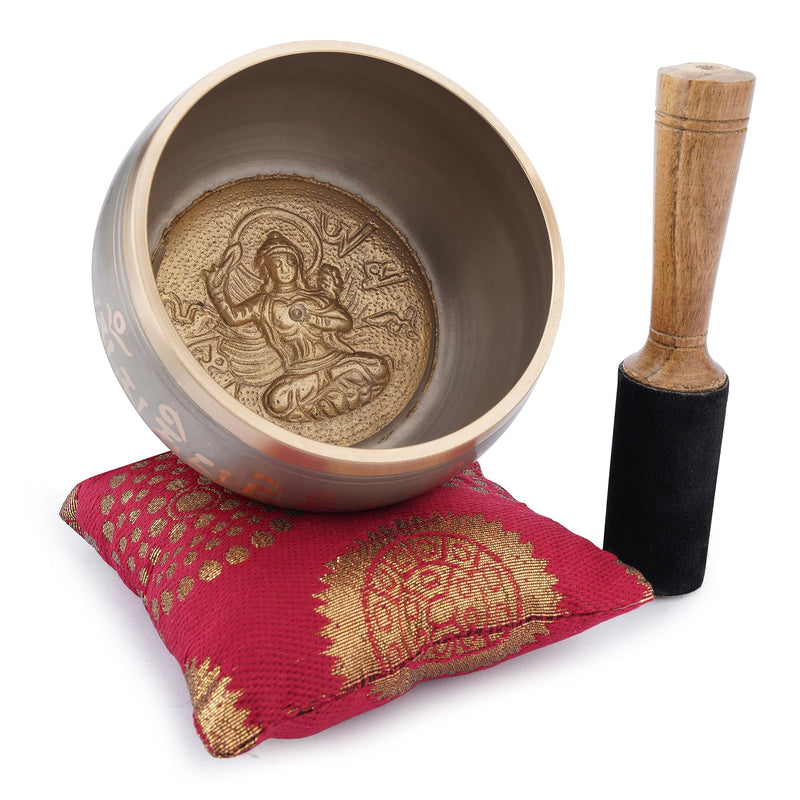 Ajuny Tibetan Singing Bowl Set for Meditation Yoga Chakra Healing Stress Relief Mindfulness Handmade Brass Sound Bowl with Stick and Cushion Unique Spiritual Gifts for Women & Men (Gold Beige) Gold-Beige