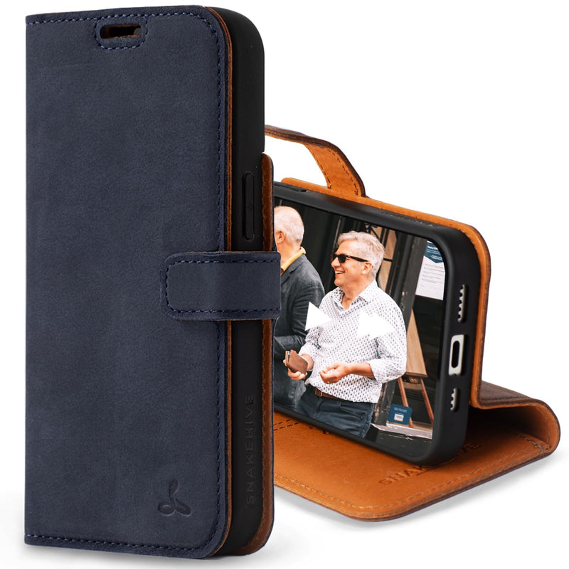 Snakehive Leather Wallet for iPhone 15 - Real Leather Wallet Phone Case - Genuine Leather with Viewing Stand and 3 Card Holder - Flip Folio Cover with Card Slot (Navy) Navy