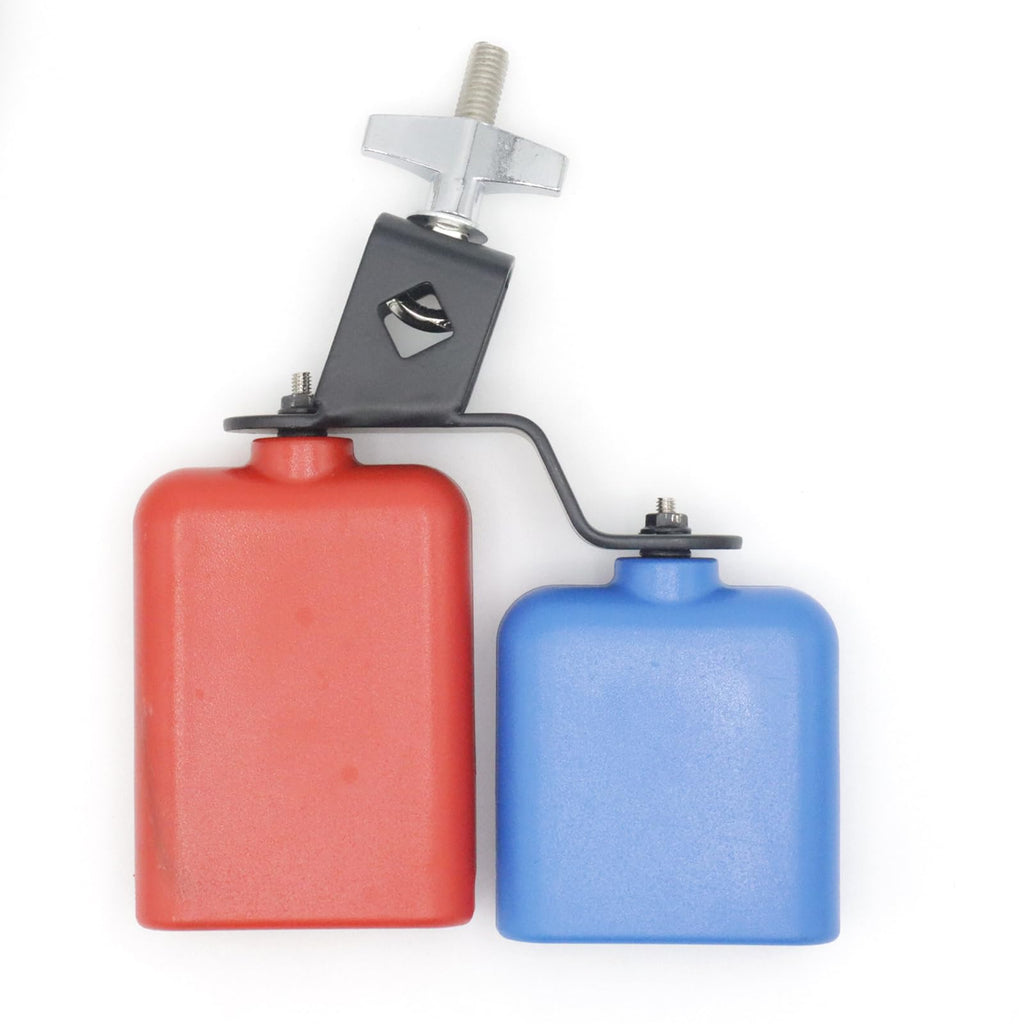 Plastic Jam Block, High and Low Tones Bicolor Cowbell, Latin Percussion Instrument Kit, Dual Mounted Bell for Drum Set, Medium Size, Red-Blue