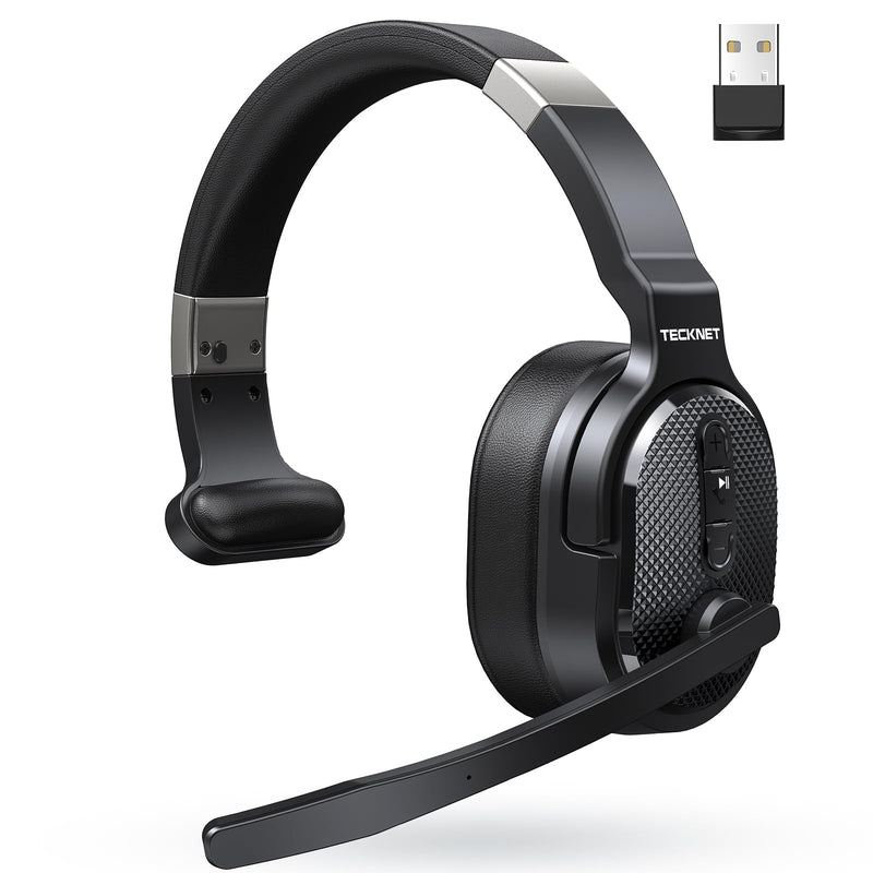 TECKNET Trucker Bluetooth Headset, Stable V5.2 & USB Dongle Connection, 70h Wireless Bluetooth Headsets with Mic and Mute, ENC Noise Canceling, Headset for Truck Drivers, Cell Phone, PC Comfort Office Black - Non removable
