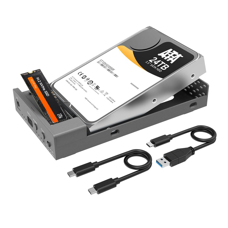 M.2 NVMe SSD & 3.5 Inch SATA HDD Enclosure, Clone NVMe to SATA, 10Gbps USB3.2 Gen2x1 Type-C Hard Drive Docking Station Reader 38TB Capacity 12V 3A Power