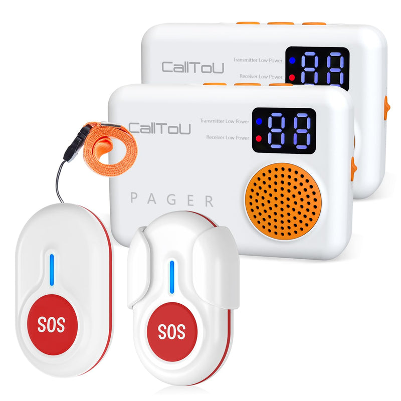 CallToU Caregiver Pager Wireless Call Button 1000FT for Elderly Monitoring Vibration Call Bell Medical Alert System with Digital Display Low Power Reminder 2 Portable Receiver 2 SOS Call Button 2 Call Button + 2 Receiver