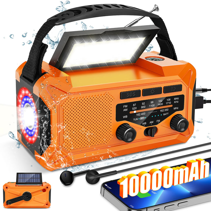 10000mAh Emergency Weather Radio with Solar Charging, Hand Crank & Type-C Charge, Portable Radio AM/FM/NOAA, LED Flashlight Reading Lamp Compass for Outdoor Camping Phone Charger SOS Alarm Radio Orange