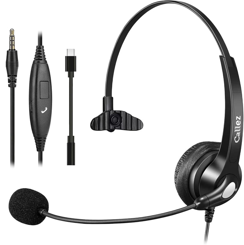 Callez 3.5mm Jack Cell Phone Headset with Microphone Noise Cancelling for PC Laptop, Wired Computer Headphones for iPhone Android Zoom Home Office Work School Classroom, in-line Control, Comfort-Fit Gray-Monaural