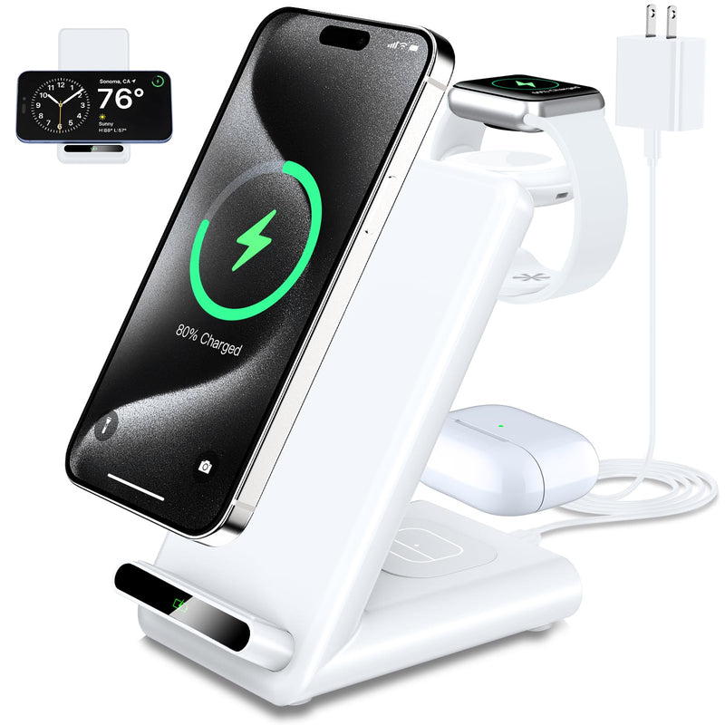 Wireless Charging Station,3 in 1 Wireless Charging Stand Made for Apple Watch Ultra 9 8 7 6 SE 5 4 3,Fast Wireless Charger Made for iPhone 15/Plus/Pro Max/14/13/12/11/X,for AirPods Pro(with Adapter) White