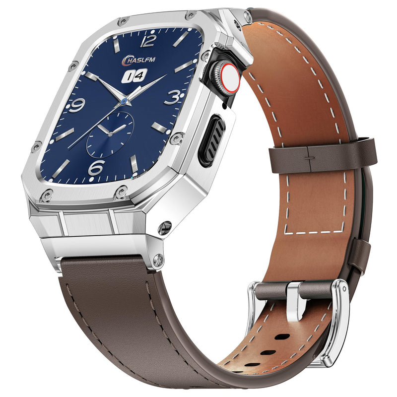 Stainless Steel Case and Leather Band Compatible with Apple Watch 44/42mm | Genuine Leather Apple Watch Strap and Metal Cover for iWatch Series 6 5 4 SE 44mm,Series 3 2 1 42mm for Men, Coffee/Silver 44/42mm (Series 6/5/4/Se/3/2/1)