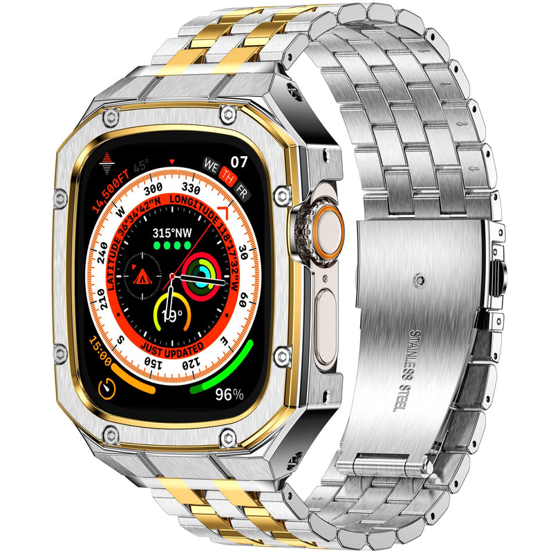 MioHHR Metal Band with Case Compatible with Apple Watch 49mm Band for Men | Rugged Metal Bumper Cover with Bands for iWatch Series Ultra 3, Ultra 2, Ultra 1, Silver/Gold Silver/Gold (Ultra) 49mm(Ultra 3/2/1)
