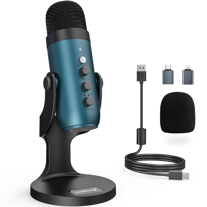 ZealSound USB Condenser Microphone,Computer PC Gaming Mic,Plug&Play Microphones for PS 4&5.Monitor Adjust&Volume Control,Mic Gain Control,Mute Button for TikTok,YouTube Podcast on Mac&Windows(Teal) Teal